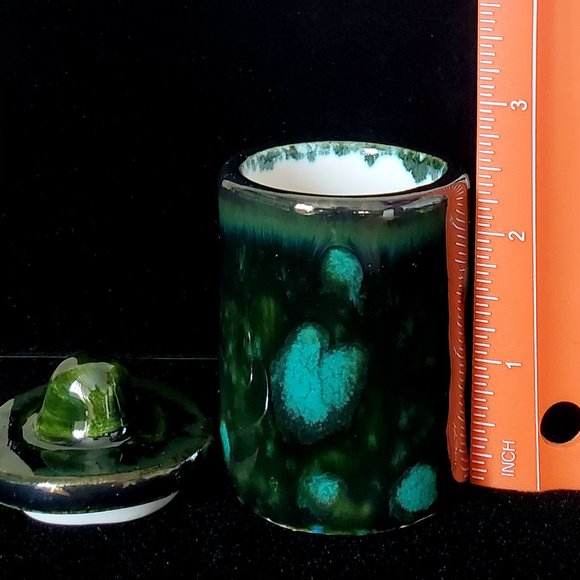Handmade Small Ceramic Stash Jar Marsh Green with Turquoise Blooms - Picture 8 of 9